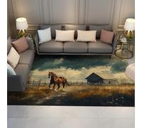 HOBBOY Esterilla Suelo Rural 160 x 220 cm Caballo marrón Corriendo sobre pastizales Alfombras Pelo bajo Lavadora Lavadora Pelo bajo para el salón Sofá Decoración la casa Campo