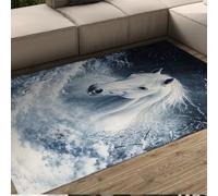 HOBBOY Estilo Bosque Soñador 100 x 150 cm Alfombras Zona Escena Nieve Invernal Alfombra Pelo bajo Alfombra mística Estampado Blanco Caballos para Chimenea Sala Estudio