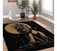 HOBBOY Proud Lion 50 x 80 cm Alfombras área con Fondo Negro en el Suelo Alfombra Amarillo Luna Llena y Estrellas Estampado Esterilla Cocina Pelo bajo para Decorar el Estudio