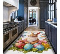 HOBBOY Spring Bunny Bliss Kitchen Rug Brown Rabbit Print Estampado Alfombras Antideslizantes 120 x 180 cm Flor Primavera Huevos Coloridos y Mariposas Decoración Fina del Suelo