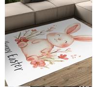 HOBBOY Tapetes Conejo Pascua adorables 120 x 150 cm - Conejo Rosa Sentado Entre Flores sobre Alfombra Blanca Pelo bajo Guion Pascua Decoración del salón