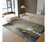 HOBBOY Zona Conejo Blanco y Esponjoso Alfombra Serene Easter Fishing Bunny 150 x 210 cm Escena del río Bosque Huevos Coloridos Decoración del Suelo Pelo bajo
