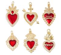Hobbspring 6 dijes de corazón gótico rojo, 6 estilos, latón chapado en oro de 18 quilates, circonita cúbica, dije de corazón sagrado, dije de amor mexicano con anillo de salto para joyas, collares