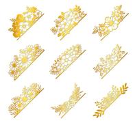 Hobbspring 9 pegatinas doradas autoadhesivas de 4 cm x 4 cm, línea de flores, pegatinas de metal, bordes florales, impermeables, pegatinas decorativas para álbumes de recortes, manualidades de resina