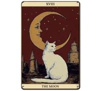 Hobbspring Cartel de chapa para dormitorio con diseño de gato blanco y luna, metal, para café, balcón, bares, club, hierro, para puerta, misterio de la luna, 20 x 30 cm, diseño de tarjeta de tarot