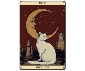 Hobbspring Cartel de chapa para dormitorio con diseño de gato blanco y luna, metal, para café, balcón, bares, club, hierro, para puerta, misterio de la luna, 20 x 30 cm, diseño de tarjeta de tarot