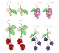 Hobbspring Juego de 4 pares de aretes colgantes de frutas, bonitos aretes de frutas de acero inoxidable 304, hechos a mano, imitación de cristal de jade acrílico, colores mezclados, para mujer