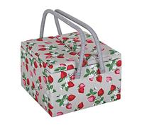 Hobby Gift Caja de almacenamiento exclusiva de gran tamaño con tapa doble para manualidades de costura, bandeja para accesorios, bolsillos para alfileteros y asas de PVC, 25 x 25 x 17 cm, fresas