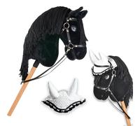 Hobby Horse A3 Frison Negro Conjunto Completo con Red, Riendas, Moros y Gorro Blanco. Caballo Bastón Negro Frisón