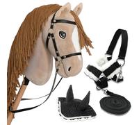 Hobby Horse Beige A3, Caballo Bastón Completo con Red, Mors, Rienda, Cabestro y Gorro Antiinsectos Blanco y Negro. Cabeza de caballo palo para Hobby Horsing Niños y Adolescentes