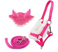 Hobby Horse - Juego de accesorios de cabestro, color rosa con cordón y gorro antiinsectos, para actividades de Hobby Horsing.