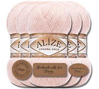 Hobby YARN Alize 5x 100g Angora Gold Lana Premium Turca de Mohair Delgada y Lana Virgen | Hilo para Bebés | Para Tejer, Uni Yarn (rosa perla | 271)