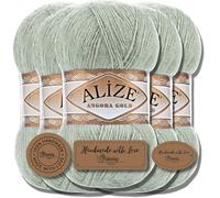 Hobby YARN Alize 5x 100g Angora Gold Lana Premium Turca de Mohair Delgada y Lana Virgen | Hilo para Bebés | Para Tejer, Uni Yarn (verde Almond | 515)