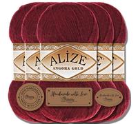 Hobby YARN Alize 5x 100g Angora Gold Lana Premium Turca de Mohair Delgada y Lana Virgen | Hilo para Bebés | Para Tejer, Uni Yarn (Borgoña | 57)