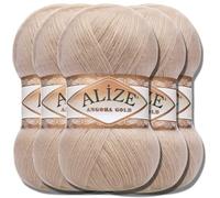 Hobby YARN Alize 5x 100g Angora Gold Lana Premium Turca de Mohair Delgada y Lana Virgen | Hilo para Bebés | Para Tejer, Uni Yarn (Beige | 757)