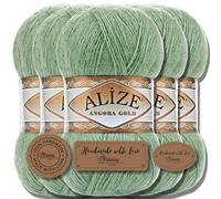 Hobby YARN Alize 5x 100g Angora Gold Lana Premium Turca de Mohair Delgada y Lana Virgen | Hilo para Bebés | Para Tejer, Uni Yarn (Verde | 852)
