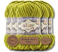 Hobby YARN Alize Velluto - 5 ovillos de lana turca para tejer súper voluminosa, para ganchillo, color liso, lana de bebé, hilo de fieltro, verde pistacho, 11
