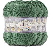 Hobby YARN Alize Velluto 5x 100g de lana turca super bulky para tejer, color liso, lana para bebé, hilo esponjoso, lana para acolchado (verde pino | 532)