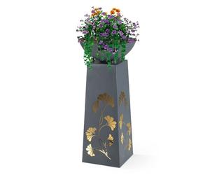 Hoberg Jardinera de Pedestal LED Diseño de Hojas de Ginkgo con Aspecto de hormigón | Jardinera extraíble (Ø 34cm) Apta para Interior y Exterior | Iluminación integrada, inalámbrica [23 x 23 x 70 cm]