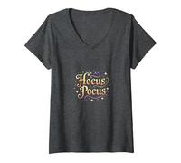 Hocus Pocus, Bruja mágica de Halloween, Camiseta Cuello V, Mujer, Jaspeado Oscuro, L