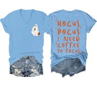 Hocus Pocus I Need Coffee to Focus - Camiseta de Halloween con texto en inglés "I Need Coffee to Focus", Carolina Blue-v, M