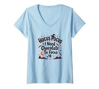 Hocus Pocus Necesito Chocolate para concentrarme Camiseta Cuello V, Mujer, Azul Bebé, L