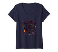 Hocus Pocus Necesito Chocolate para concentrarme Camiseta Cuello V, Mujer, Azul Marino, L