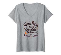 Hocus Pocus Necesito Chocolate para concentrarme Camiseta Cuello V, Mujer, Gris Jaspeado, L