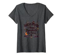 Hocus Pocus Necesito Chocolate para concentrarme Camiseta Cuello V, Mujer, Jaspeado Oscuro, L