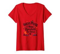 Hocus Pocus Necesito Chocolate para concentrarme Camiseta Cuello V, Mujer, Rojo, L