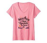 Hocus Pocus Necesito Chocolate para concentrarme Camiseta Cuello V, Mujer, Rosado, L