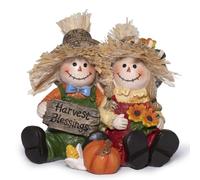 Hodao Decoración de espantapájaros de Acción de Gracias, figura de pareja con girasoles y calabaza, hecha a mano, resina pintada a mano, decoración de otoño para mesa, estante, mantel, regalos para el