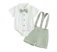HodJIU - Conjunto de disfraz para bebé, niña, camisa, mameluco con pajarita y pantalones cortos, con tirantes para boda, ropa de verano infantil, 2 unidades, verde, 12-18 Meses