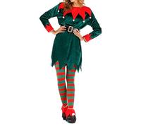 HodJIU - Disfraz de duende de Navidad para adulto, juego de vestido rojo verde + cinturón + sombrero + zapatos de fiesta de Navidad, Verde 5pcs Vestido Cinturón Sombrero Medias Zapato, XL