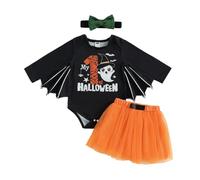 HodJIU - Disfraz de Halloween para bebé y niña, conjunto de 3 cuerpos de murciélago + naranja tutu falda de tul + diadema de Halloween para fiesta (negro Mon Premier Halloween, 6-9 meses)