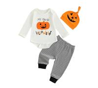 HodJIU - Disfraz de Halloween para bebé y niño, conjunto de 3 piezas, para disfraz de Halloween y calabaza de manga larga + pantalón a rayas + gorro, Blanco My First Halloween, 3-6 Meses