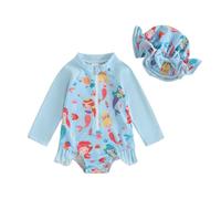 HodJIU - Traje de baño antirrayos UV para bebé recién nacido, traje de baño de manga larga, traje de baño de natación con sombrero, Sirena azul, 3-6 Meses
