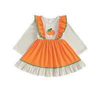 HodJIU - Vestido de halloween para niña con manga lengua, diseño de calabazas, naranja y beige a cuadros, con volantes verdes, 2-6 años, naranja, 2-3 Años