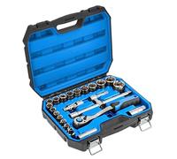 Högert Technik - Caja de Herramientas, Juego de Herramientas, Maletin Herramientas, Llaves de Vaso y Accesorios, Acero Cr-V, Mecanismo Carraca con 72 Dientes - HT1R410, 24 Piezas