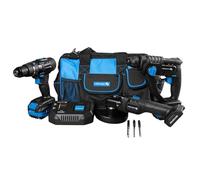 HÖGERT TECHNIK - Juego de herramientas eléctricas a batería 18 V Taladro percutor Martillo perforador SDS+ Amoladora angular 125 mm 2 baterías de 4 Ah Cargador de 4 A Juego de herramientas