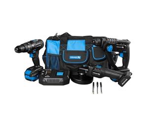 HÖGERT TECHNIK - Juego de herramientas eléctricas a batería 18 V Taladro percutor Martillo perforador SDS+ Amoladora angular 125 mm 2 baterías de 4 Ah Cargador de 4 A Juego de herramientas
