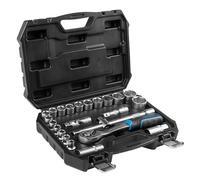 Högert Technik - Juego de llaves de vaso de 24 piezas de 1/2 pulgada con llave de carraca, llave de carraca, llaves de vaso de 8-32 mm de acero CrV en maletín para taller y garaje