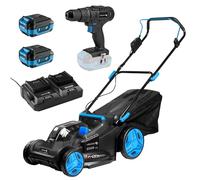 HÖGERT TECHNIK - Set cortacésped con batería 43 cm 2x18V con Taladro Atornillador 50 NM, 2X baterías de 4,0 Ah y Cargador Duo, cortacésped eléctrico sin escobillas Set Completo para jardín y Taller