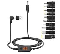 Hoembpn Cable Adaptador de Alimentación USB C PD a DC 5V,9V,12V,15V,20V Voltaje Ajustable,ángulo Recto Type C a DC 5.5x2.1mm Enchufe de Carga Universal con 10 Conversion Heads para Routers, Portátiles