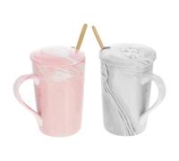Hoement Tazas de Café de Mármol de Cerámica 2 Piezas Tapa y Cuchara Juego de Vasos para Beber Agua y Té en Casa U Oficina Diseño Moderno en Rosa y Gris para Obsequio