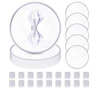 Hoemwarm 18 platos de carga transparentes con 18 servilleteros, plato de carga redondo de plástico de 13 pulgadas con borde de cuentas plateadas, decoración de cena, vajilla para boda, fiesta de