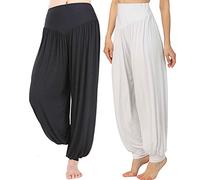 Hoerev Super Doux Pantalones de Spandex Modale Harem Yoga Pilates,Negro + Blanco 2 Pares,L