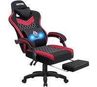 HOFFREE Silla de juego con altavoces y silla de juego lumbar Massgae de tela con reposapiés, rojo y negro