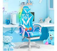 HOFFREE Silla de juegos de masaje con altavoces Bluetooth y luces LED, silla ergonómica para juegos de computadora con reposapiés, bonita silla de videojuegos para sala de juegos, azul claro y blanco
