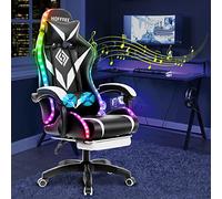 HOFFREE Silla de juegos de masaje con altavoces Bluetooth y luces LED, silla ergonómica para juegos de computadora con reposapiés, silla de videojuegos RGB con respaldo alto, soporte lumbar blanco y